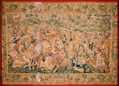 Flemish tapestry. Series The Book of Judith. War scene (Escena bélica). Third tapestry in the series. Manufacture Netherlands, Brussels? Second half of the 16th century. Fabric Wool. Location Church of Saint Nicholas of Bari (museum opened in 2009). Origin Church of Saint Stephen.