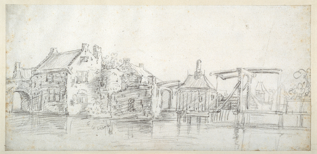 A canal with buildings, including a toll house and a toll bridge, c.1650 (black chalk on white paper)