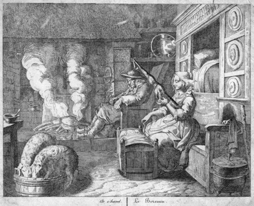Peasant cottage interior. 17th century (engraving)