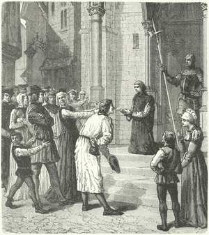 Perkin Warbeck reading the confession of his imposture before his execution, 1499 (engraving)