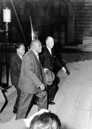 President of Madagascar, Philibert Tsiranana and Jacques Foccart at the Élysée Palace, 10 January 1964 (b/w photo)