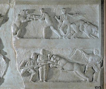 Fight with lions. Bas-relief, fragment of a funeral stele from Malkara, Turkey (relief)