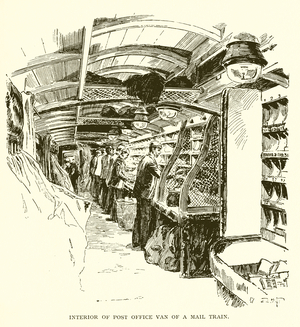 Interior of Post Office van on a mail train (engraving)