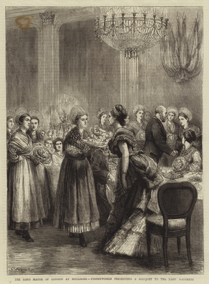 The Lord Mayor of London at Boulogne, Fisherwomen presenting a Bouquet to the Lady Mayoress (engraving)