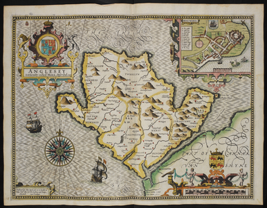 Anglesey antiently called Mona, described 1628. A map of Anglesey; inset, Beaumaris Castle