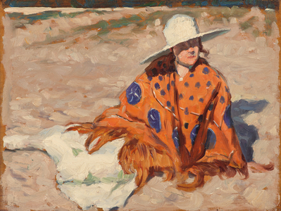 Woman in an orange shawl sitting on the beach, 1921 (oil on panel)