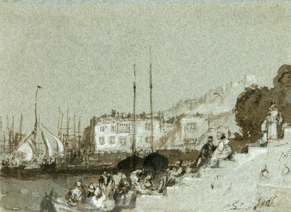 View of a Seaport East Cowes, Isle of Wight, 1828 (ink, wash & white chalk on blue paper)