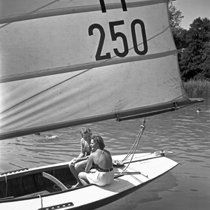 Sailing on a lake in the Wachau area, Germany 1930s (b/w photo)