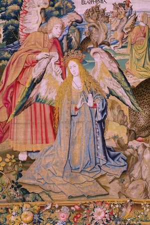 Flemish tapestry. Series The Apocalypse: Saint Michael defeating the dragon. Atelier Willem Dermoyen, Brussels. Ca 1553-1555. Detail.