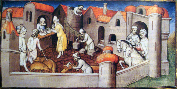 The arrival of the Polo brothers at Ayas, c.1410-12 (tempera on vellum)