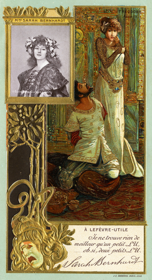 Endorsement by Sarah Bernhardt of LU (Lefevre-Utile) biscuits, from a series of promotional cards featuring celebrities, c.1903 (colour litho)