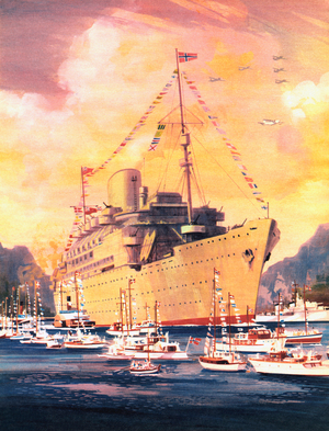 A great moment in the history of the Royal Mail Line, the Andes arrives in Oslo in 1945 (colour litho)