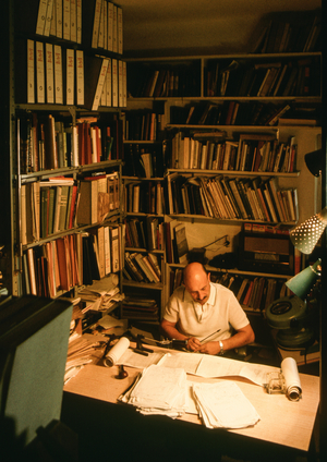 Yigael Yadin, Israeli archeologist, soldier, and politician examines copy of temple..., 1967 (photo)