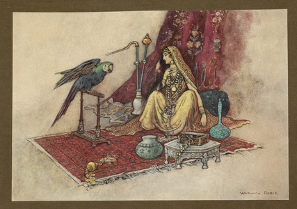 Plate 21: "What princess ever only puts one ruby in her hair?" from Folk-Tales of Bengal ... With 32 illustrations in colour by Warwick Goble (Edition de luxe.), 1914 (colour litho)