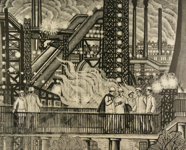 Evening At Novolipetsk Metallurgical Complex, 1964 (linocut) 