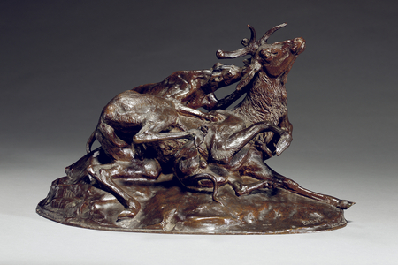 Stag brought down by two greyhounds (bronze)