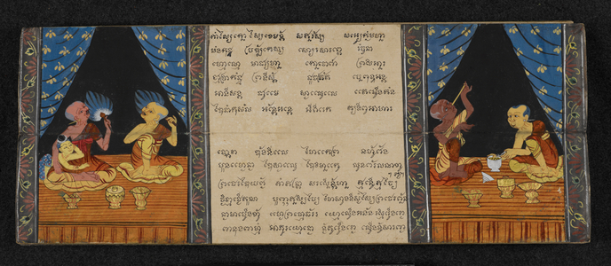 Scene from the legend of Phra Malai, a famous Buddhist monk believed to have travelled to heaven and hell. Lay people offering food to a monk.