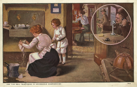 Woman telephoning a plumber (colour litho)