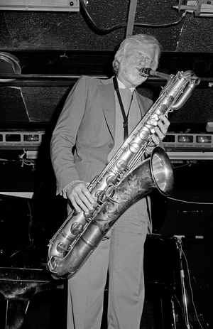 Oslo, 19841113. Jazz musician Gerry Mulligan with saxophone at a concert ..., 1984 (photo)