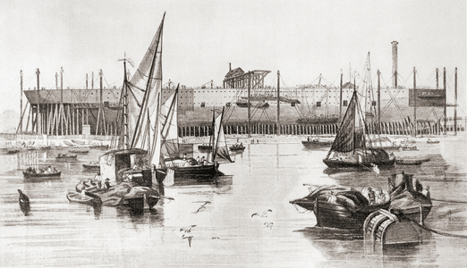 Building the S S Great Eastern steamship at the Millwall Iron Works, River Thames, London, England in 1857, from The Face of London, pub. 1937