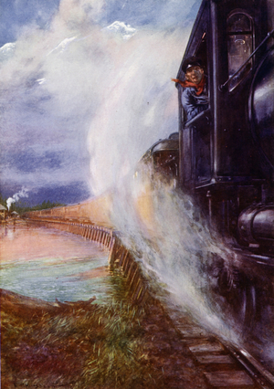 Train passing alongside the Skeena River on the Grand Trunk Pacific Railway, Canada (colour litho)