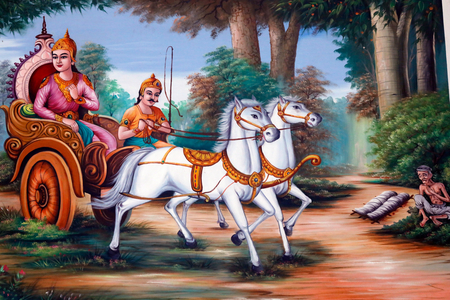 Prince Siddhartha asked a charioteer to ride him through the countryside.  Tan Chau. Vietnam.(painting)