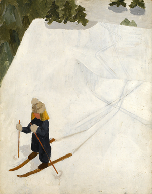 Sasha skiing in Austria, 1955 (oil on board)