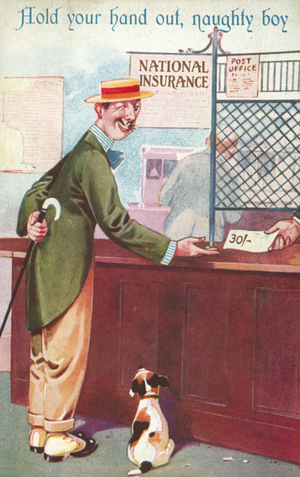 Man collecting a cheque with his dog (colour litho)