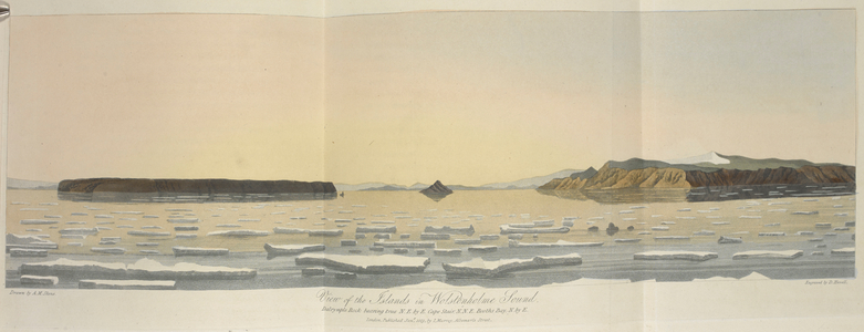 View of the islands in Wolstenholme sound.
Dalyrymple rock bearing true N.E. by E. Cape Stair. N.N.E. Booths bay, N. by E.