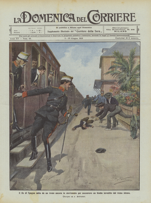 The King of Spain jumps from a train still in motion to rescue a child hit by the train itself (colour litho)