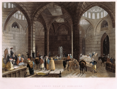 The Great Khan at Damascus. engraving drawn by W. H. Bartlett, engraved by W. Kelsall. 1836