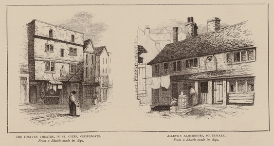 The Fortune Theatre, in St Giles, Cripplegate. Alleyn's Almshouses, Southwark (engraving)