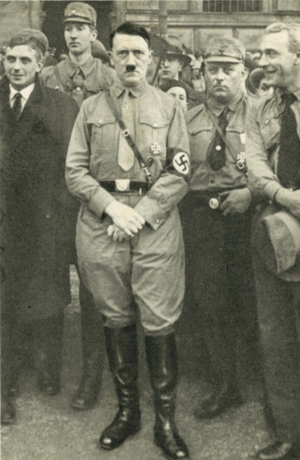 Nazi leader Adolf Hitler at a parade in Braunschweig, Germany, 1931 (b/w photo)