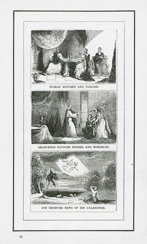 Haman Accused And Hanged; Ahasuerus Favours Esther And Mordecai; Job Receives News Of His Calamities (engraving)