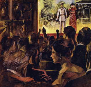 The audience shouted and hissed during the debut performance of Madame Butterfly (colour litho)