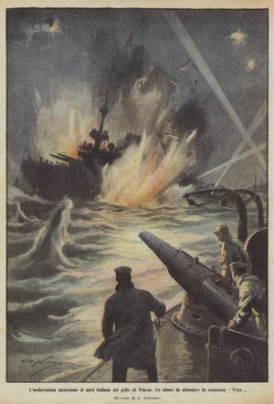 The daring raid of Italian ships in the Gulf of Trieste (colour litho)