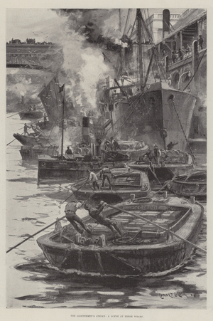 The Lightermen's Strike, a Scene at Fresh Wharf (litho)