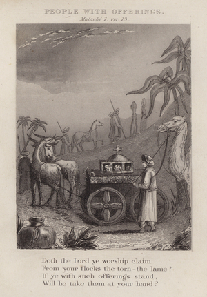People with offerings, Malachi I, ver 13 (engraving)