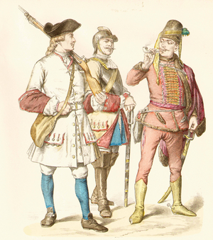 Soldiers in Austria, around 1728 (copper plate print)
