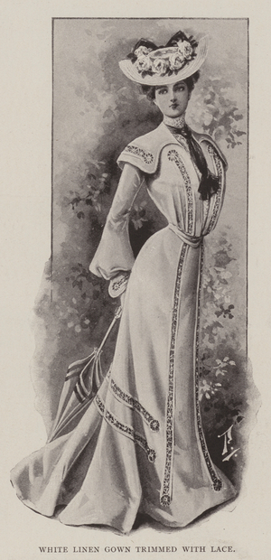 White Linen Gown trimmed with Lace (litho)