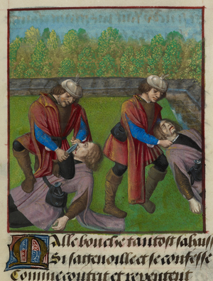 Detail of a miniature showing Abstinence Contrainte (Forced Abstinence) and Faux Semblant (False Seeming) killing Malebouche (Evil Tongue), and cutting his tongue , from 'Le Roman de la Rose', 15th century