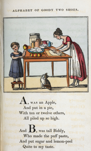 A, was an apple'.
'B, was tall Biddy'.
A woman making an apple pie.