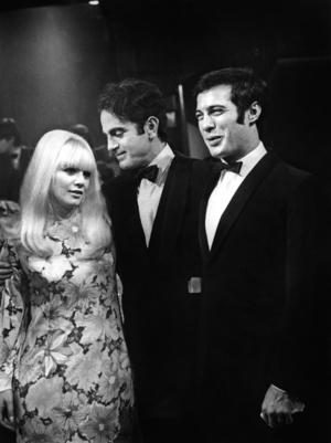 Sophie Daumier, Guy Beart and Guy Bedos during Recording of TV Programme "Bienvenue" October 24, 1967 (b/w photo)