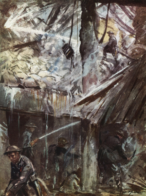 Firemen of the wartime British National Fire Service damping down after an air raid during the Blitz, World War II, 1940s (colour litho)