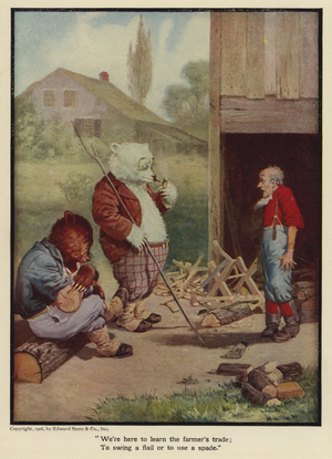 "We're here to learn the farmer's trade; to swing a flail or to use a spade." (colour litho)