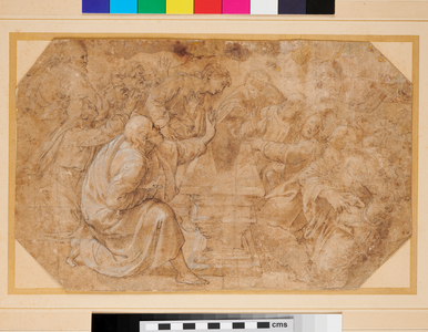 The Apostles at the Tomb of the Virgin, c.1570-1619 (pen and brown ink with brown wash, heightened with white, on buff paper)