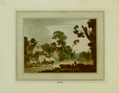 A rider and two horses on a road by a cottage; hills and trees to the right