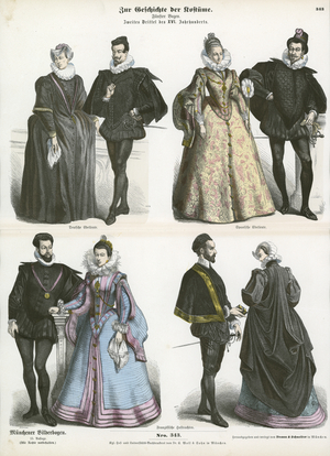 European costumes, mid 16th Century (coloured engraving)