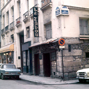 entrance of Le Tabou jazz nightclub in Saint Germain des Pres, Paris, opened in 1947