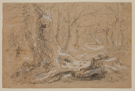 Trees in Winter with Man Standing on Frozen Creek, 19th century (pencil & gouache on paper)